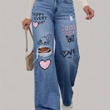 Jeans baggy donna | Stampa graffiti a cuore & Streetstyle a gamba larga