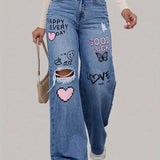 Jeans baggy donna | Stampa graffiti a cuore & Streetstyle a gamba larga