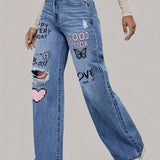 Jeans baggy donna | Stampa graffiti a cuore & Streetstyle a gamba larga