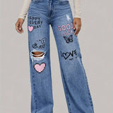 Jeans baggy donna | Stampa graffiti a cuore & Streetstyle a gamba larga