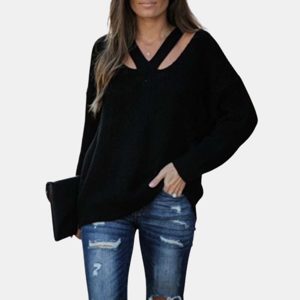 Maglia da donna con scollo a V cut-out – Modello morbido a maniche lunghe per primavera e autunno