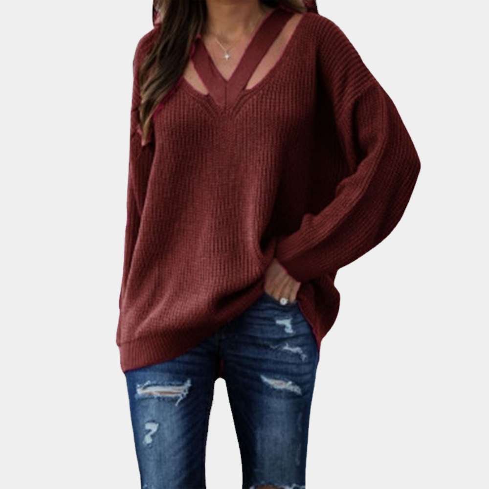 Maglia da donna con scollo a V cut-out – Modello morbido a maniche lunghe per primavera e autunno