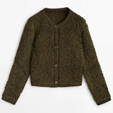 Cardigan da donna in bouclé con bottoni – Capo materico girocollo dalla silhouette corta
