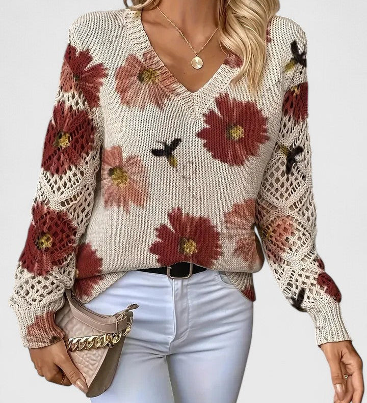 Maglione morbido da donna – Modello con scollo a V e maniche traforate per le stagioni di transizione