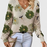 Maglione morbido da donna – Modello con scollo a V e maniche traforate per le stagioni di transizione