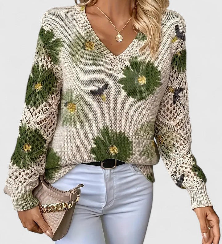 Maglione morbido da donna – Modello con scollo a V e maniche traforate per le stagioni di transizione