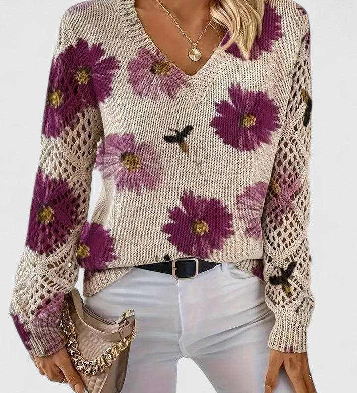 Maglione morbido da donna – Modello con scollo a V e maniche traforate per le stagioni di transizione