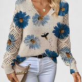 Maglione morbido da donna – Modello con scollo a V e maniche traforate per le stagioni di transizione