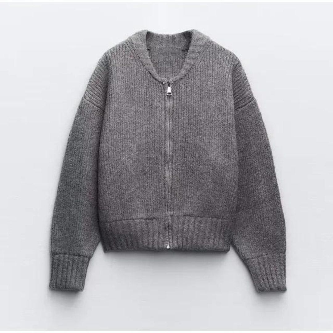 Cardigan lavorato a maglia da donna con cerniera frontale – strato con scollo a girocollo per autunno e inverno
