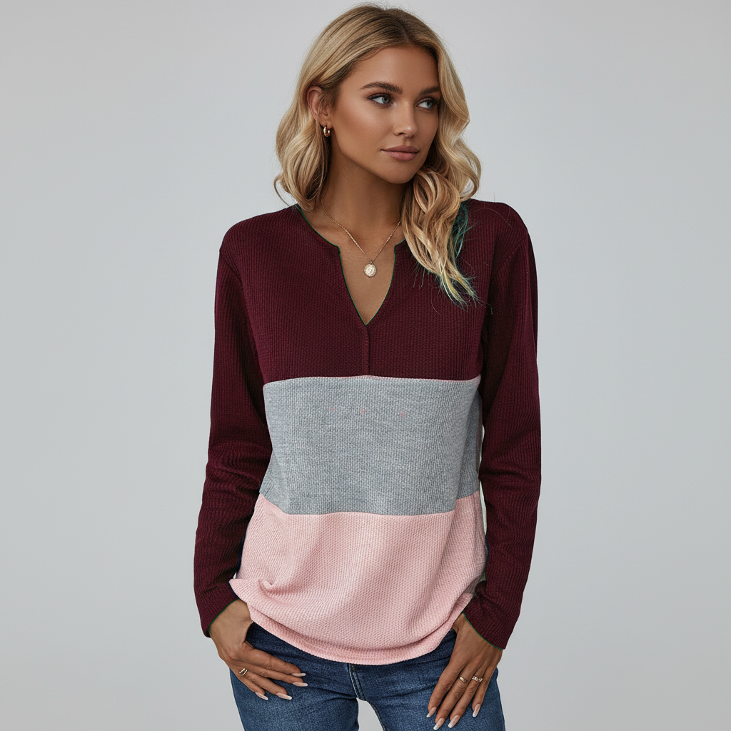 Maglione da donna con pannelli, scollo a V, maniche lunghe e vestibilità comoda