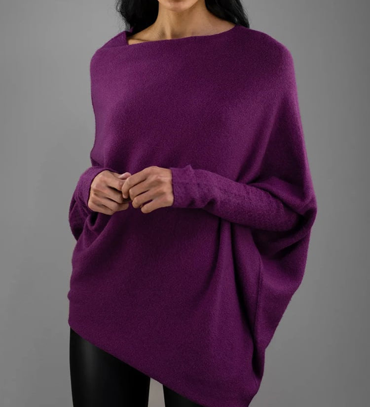 Top poncho in maglia asimmetrico da donna – strato drappeggiato con spalla scoperta per il giorno e la sera