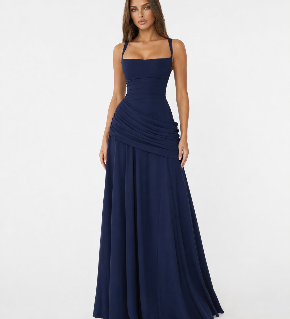 Enni – Abito Maxy Plissettato con Scollo Quadrato