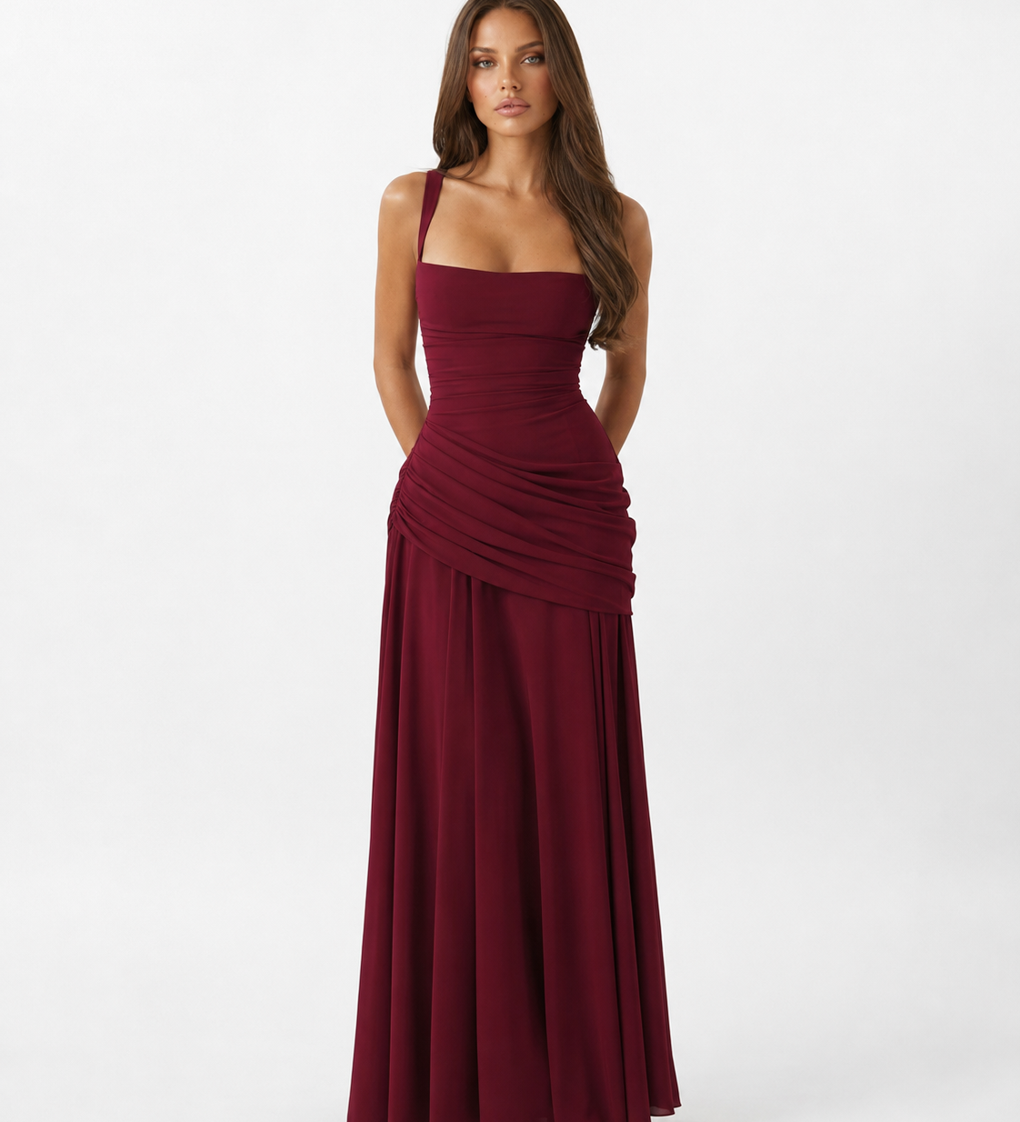 Enni – Abito Maxy Plissettato con Scollo Quadrato