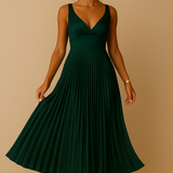 Abito lungo elegante senza maniche con scollo a V da donna - Abito da sera leggero con schiena scoperta e plissettato per eventi formali