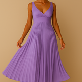 Abito lungo elegante senza maniche con scollo a V da donna - Abito da sera leggero con schiena scoperta e plissettato per eventi formali