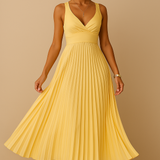 Abito lungo elegante senza maniche con scollo a V da donna - Abito da sera leggero con schiena scoperta e plissettato per eventi formali
