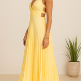 Abito lungo elegante senza maniche con scollo a V da donna - Abito da sera leggero con schiena scoperta e plissettato per eventi formali