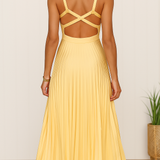 Abito lungo elegante senza maniche con scollo a V da donna - Abito da sera leggero con schiena scoperta e plissettato per eventi formali