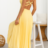 Abito lungo elegante senza maniche con scollo a V da donna - Abito da sera leggero con schiena scoperta e plissettato per eventi formali