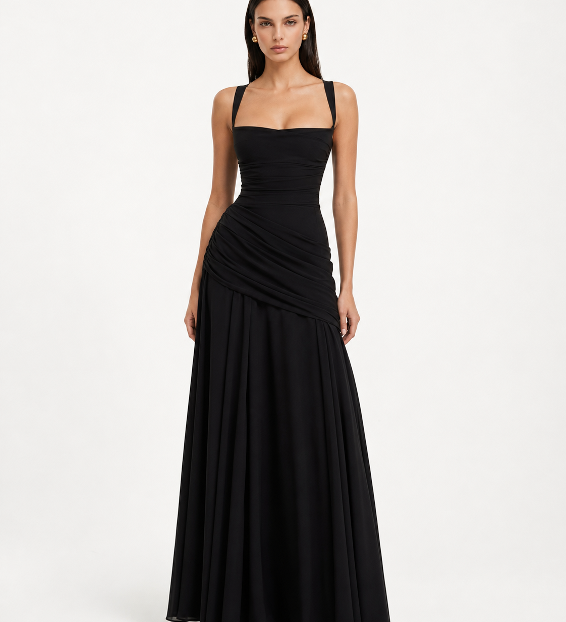 Enni – Abito Maxy Plissettato con Scollo Quadrato