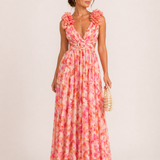 Maxi abito in chiffon con scollo a V e motivo floreale 3D con dettagli cut-out