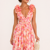 Maxi abito in chiffon con scollo a V e motivo floreale 3D con dettagli cut-out