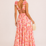 Maxi abito in chiffon con scollo a V e motivo floreale 3D con dettagli cut-out