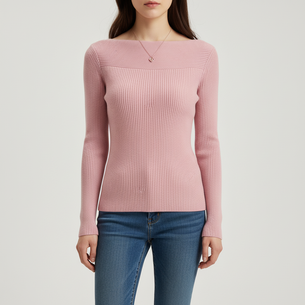 Maglione a coste da donna con scollo a barca, aderente, maniche lunghe slim fit