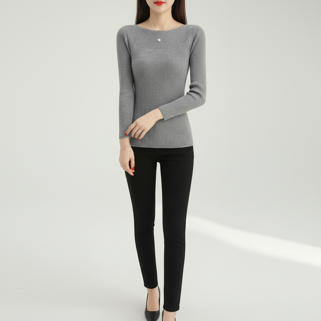 Maglione a coste da donna con scollo a barca, aderente, maniche lunghe slim fit
