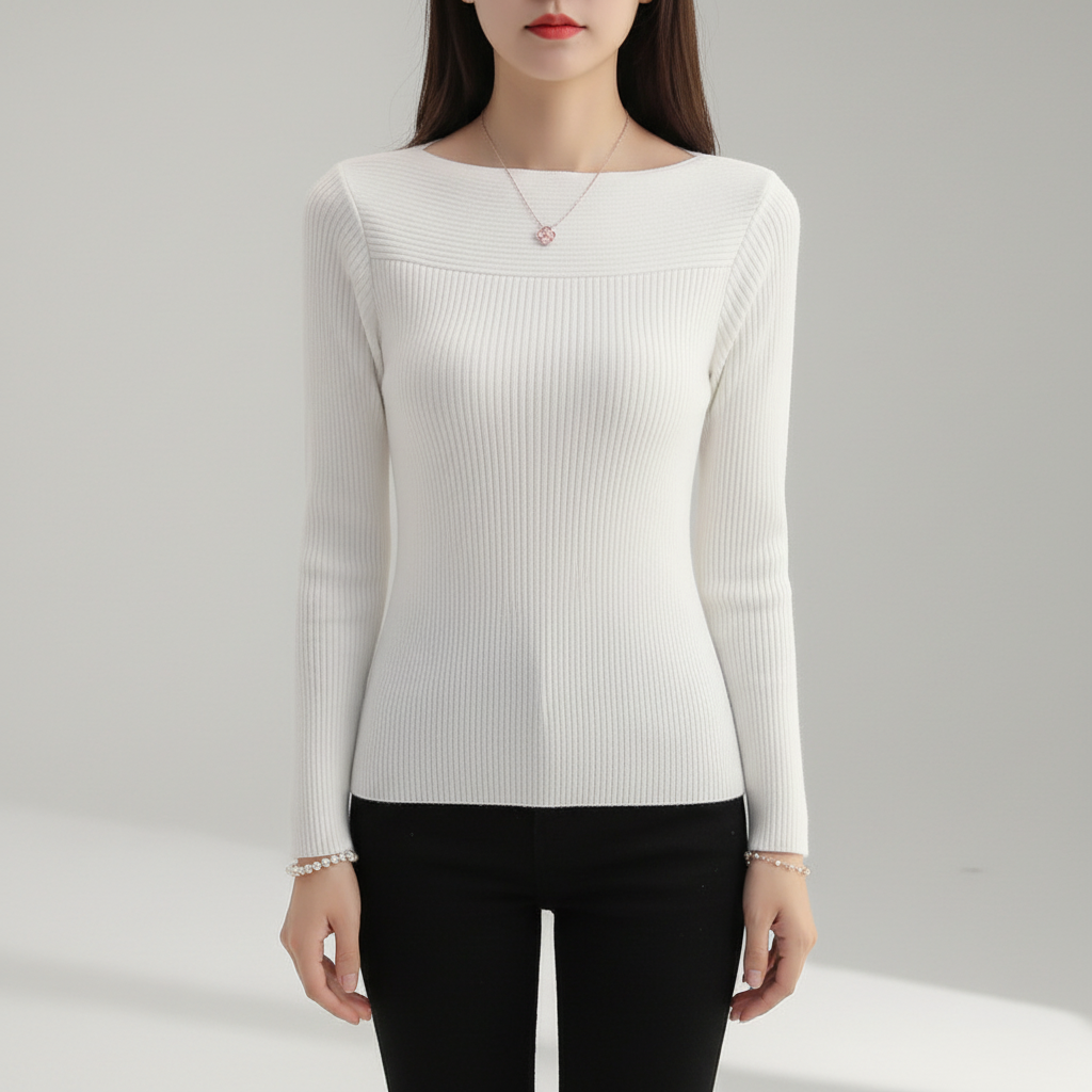 Maglione a coste da donna con scollo a barca, aderente, maniche lunghe slim fit