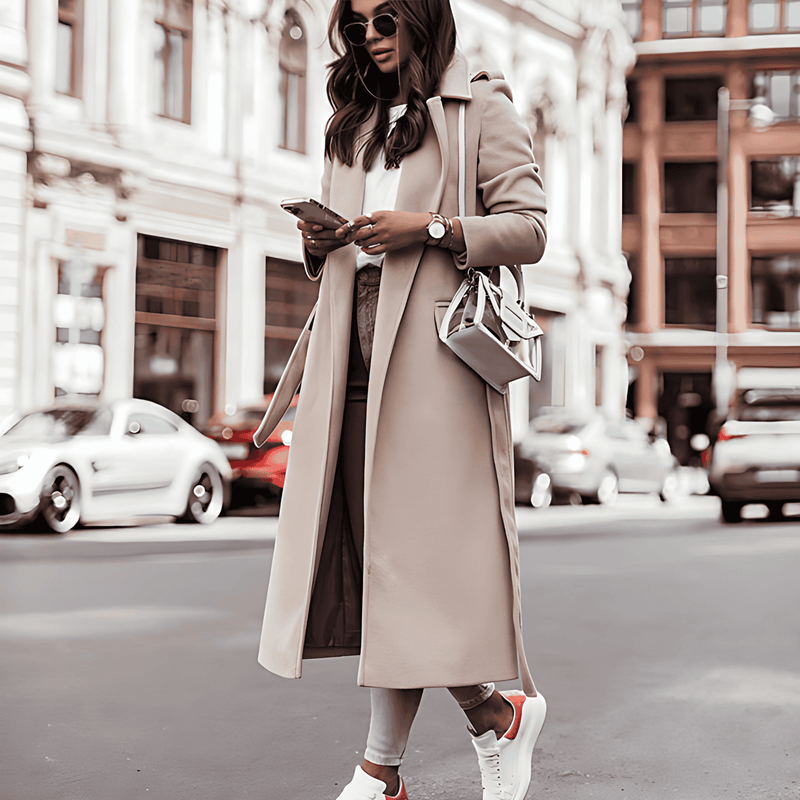 Donna - Cappotto lungo con risvolto a tacche - Cintura in vita