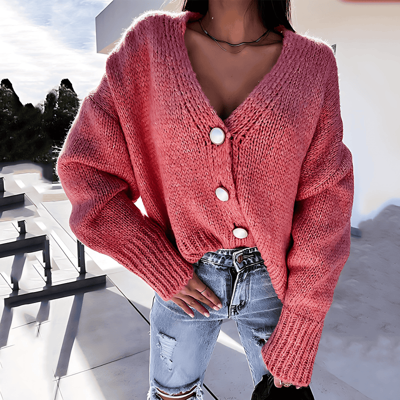 Donna - Cardigan casual con scollo a V e dettagli con bottoni
