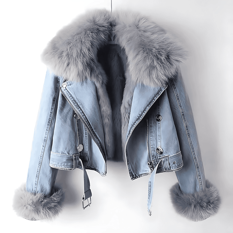 Donna - Giacca di jeans - Blu con collo e polsini in pelliccia sintetica - Stile invernale