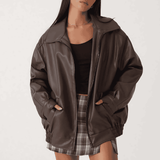 Donna - Giacca in pelle rilassata - Collo alto con zip
