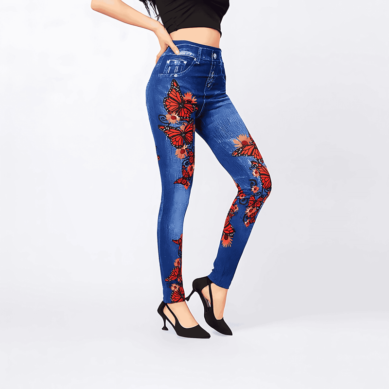 Donna - Jeggings a vita alta con disegno a farfalla