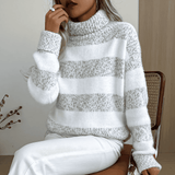 Donna - Maglione dolcevita a righe grigio - Stile accogliente