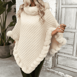 Donna - Poncho beige con bordo in peluche - Modello a diamante