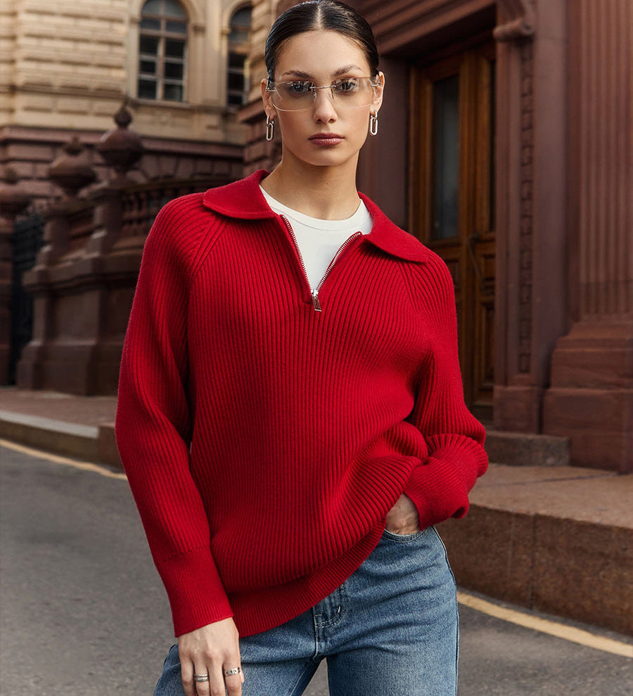 Maglione da donna a coste con cerniera sul collo – Morbida maglia con colletto per l’ufficio e il tempo libero
