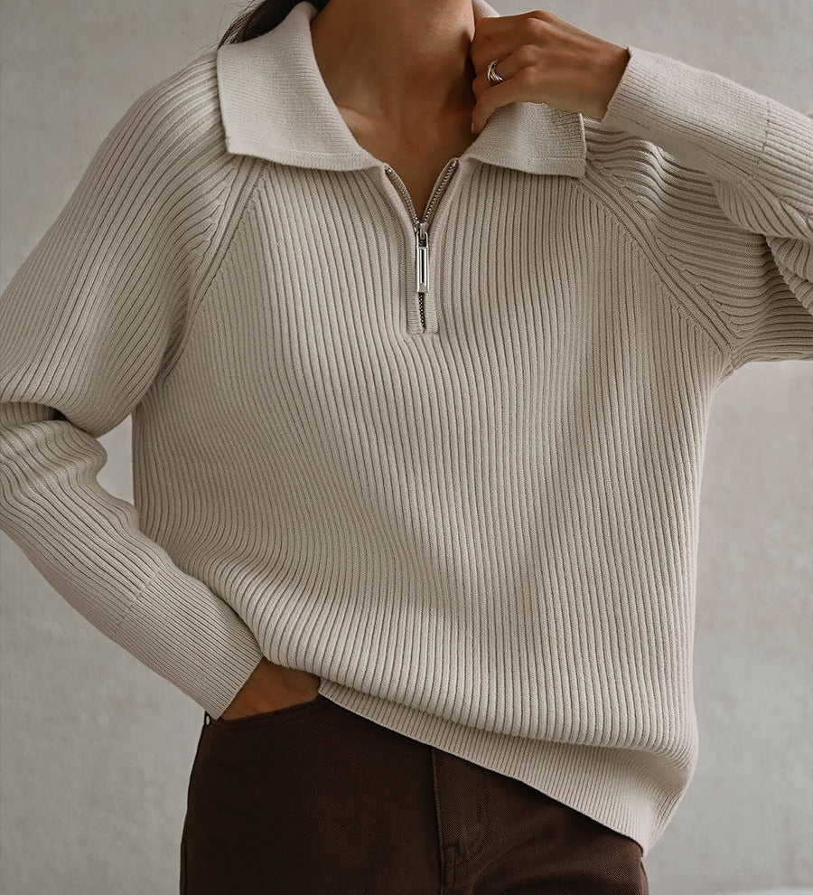 Maglione da donna a coste con cerniera sul collo – Morbida maglia con colletto per l’ufficio e il tempo libero