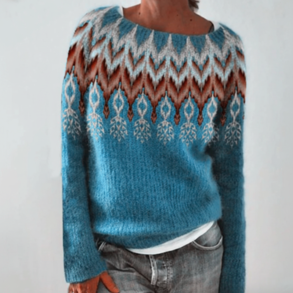 Maglione da donna con stampa, collo rotondo e polsini a costine