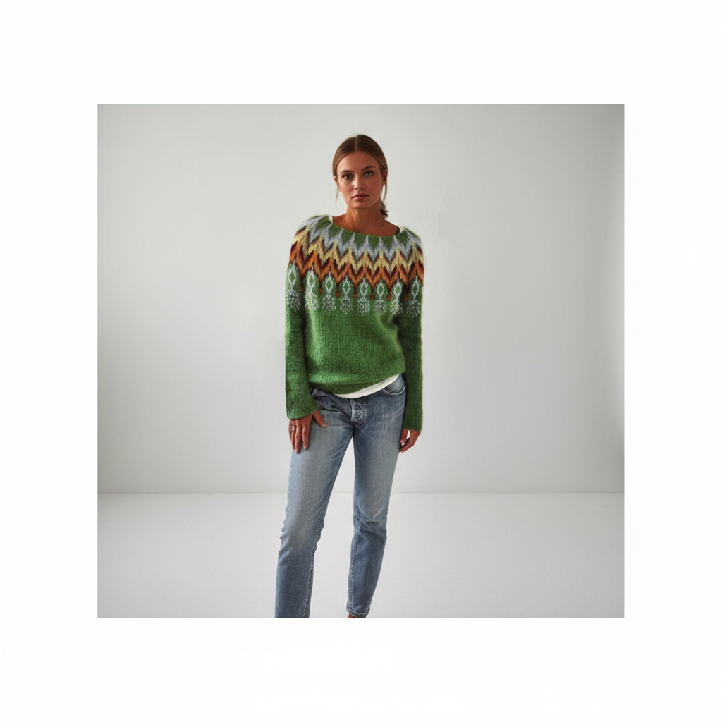 Maglione da donna con stampa, collo rotondo e polsini a costine