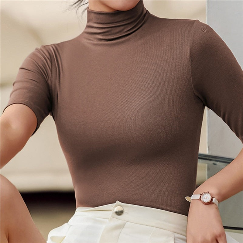 Donna - Top dolcevita slim fit a mezza manica