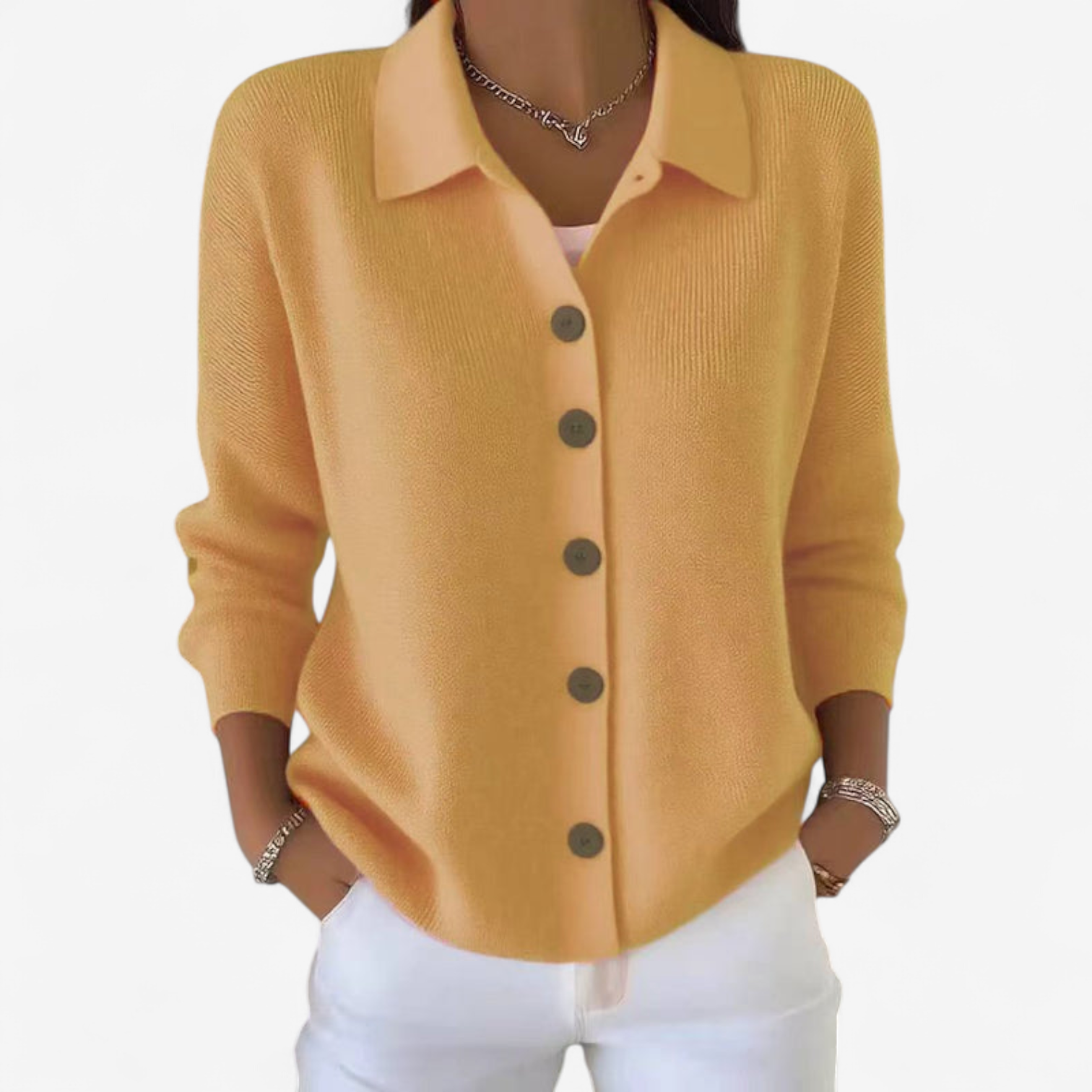 Cardigan da donna in maglia con colletto – Strato morbido con bottoni sul davanti per primavera e autunno