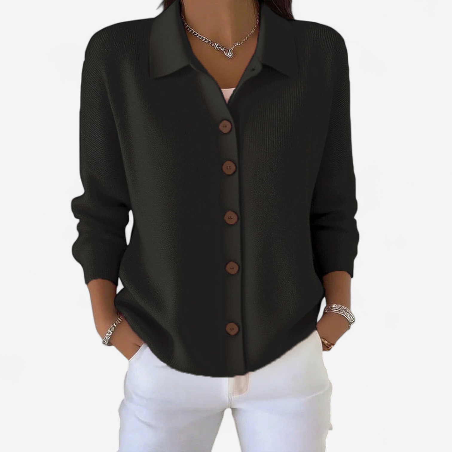 Cardigan da donna in maglia con colletto – Strato morbido con bottoni sul davanti per primavera e autunno