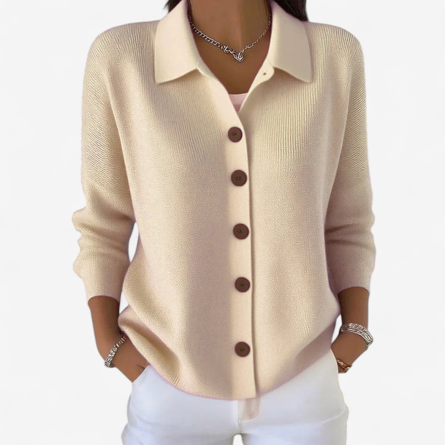 Cardigan da donna in maglia con colletto – Strato morbido con bottoni sul davanti per primavera e autunno