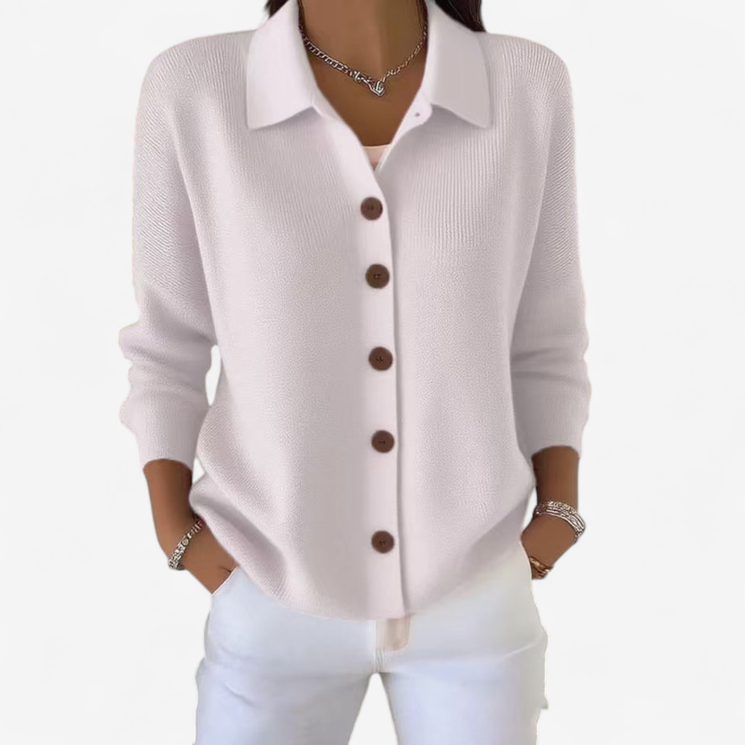 Cardigan da donna in maglia con colletto – Strato morbido con bottoni sul davanti per primavera e autunno