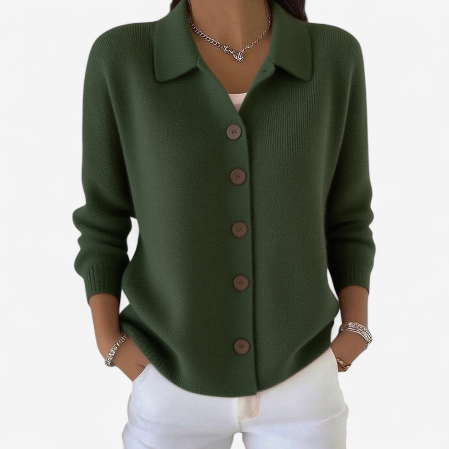 Cardigan da donna in maglia con colletto – Strato morbido con bottoni sul davanti per primavera e autunno
