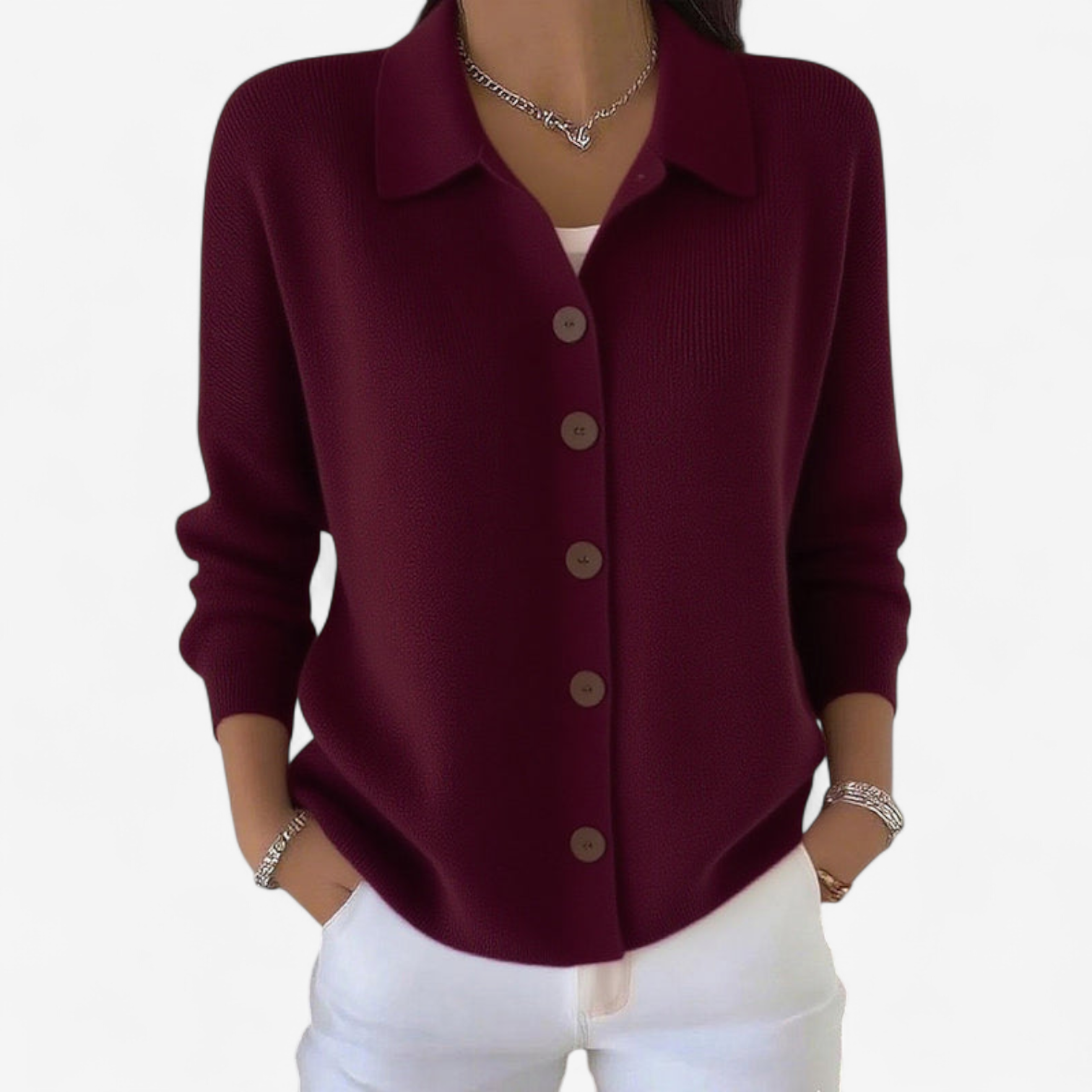 Cardigan da donna in maglia con colletto – Strato morbido con bottoni sul davanti per primavera e autunno