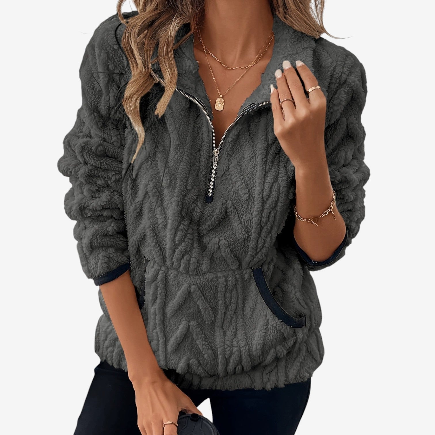 Pullover in peluche da donna con mezza zip – strato caldo con collo alto per autunno e inverno