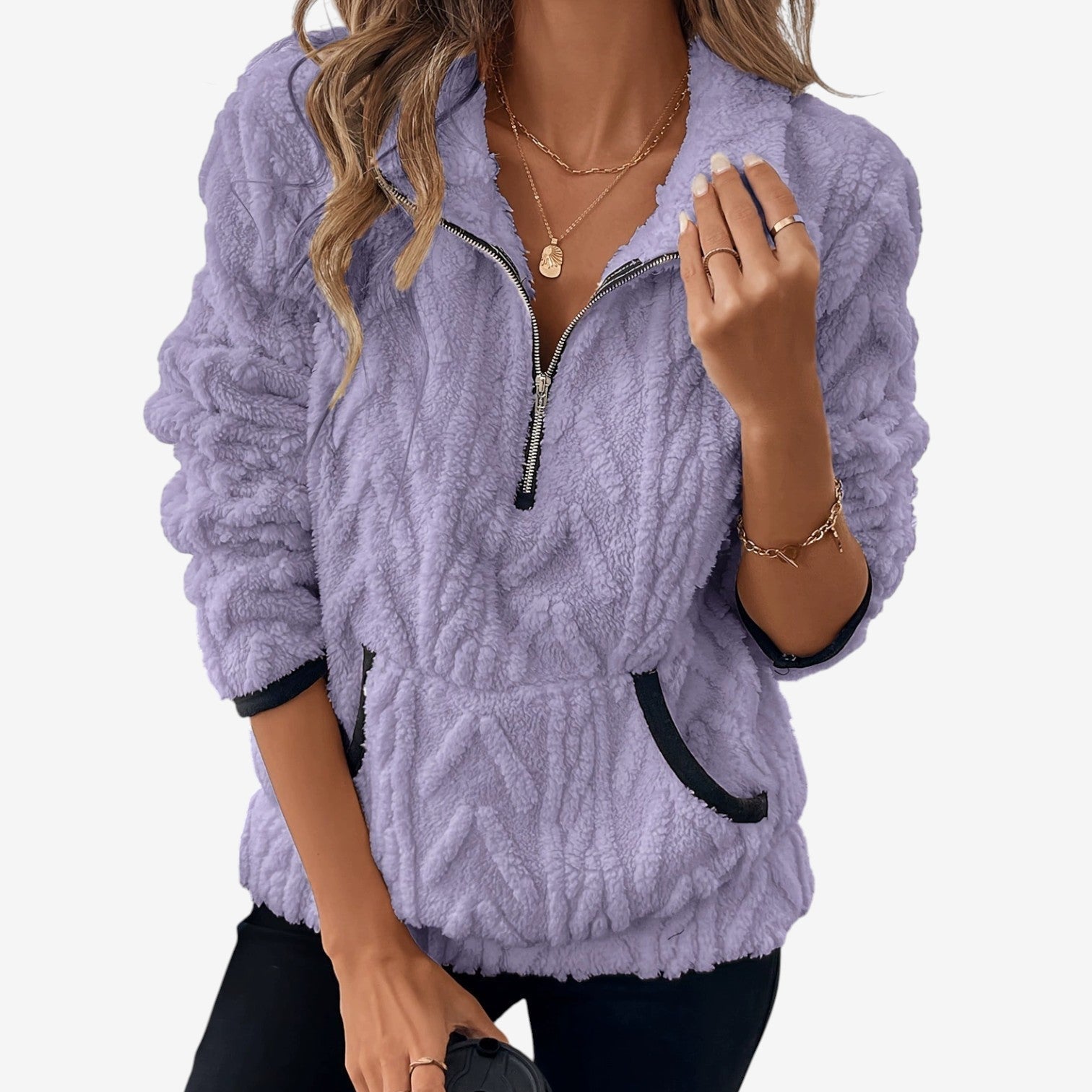 Pullover in peluche da donna con mezza zip – strato caldo con collo alto per autunno e inverno